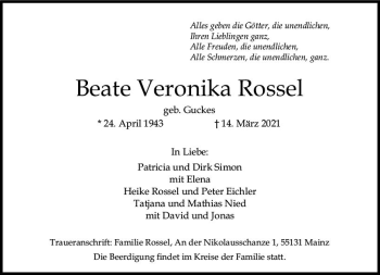 Traueranzeige von Beate Veronika Rossel von vrm-trauer