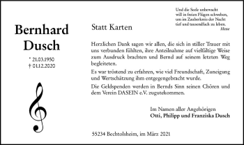 Traueranzeige von Bernhard Dusch von vrm-trauer