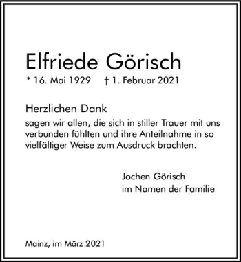 Traueranzeige von Elfriede Görisch von vrm-trauer