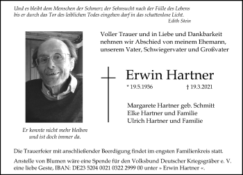 Traueranzeige von Erwin Hartner von vrm-trauer