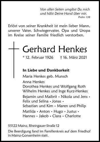 Traueranzeige von Gerhard Henkes von vrm-trauer