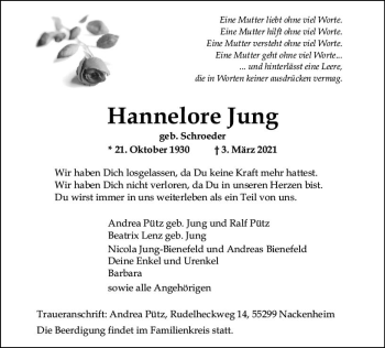 Traueranzeige von Hannelore Jung von vrm-trauer