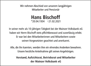 Traueranzeige von Hans Bischoff von vrm-trauer