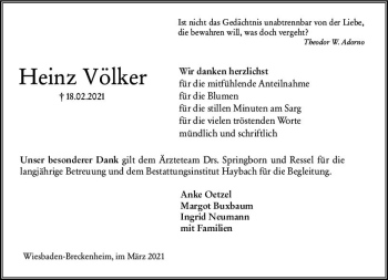 Traueranzeige von Heinz Völker von vrm-trauer