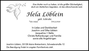 Traueranzeige von Hela Löblein von vrm-trauer