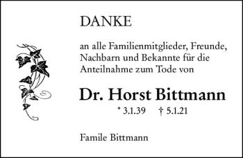 Traueranzeige von Horst Bittmann von vrm-trauer
