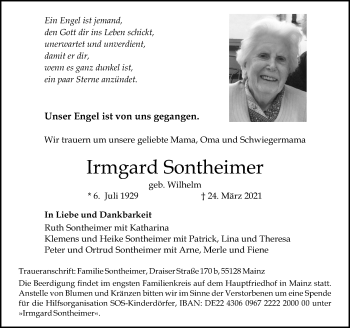 Traueranzeige von Irmgard Sontheimer von vrm-trauer