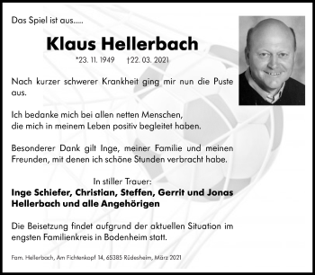 Traueranzeige von Klaus Hellerbach von vrm-trauer