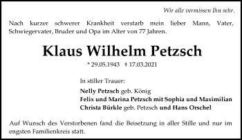 Traueranzeige von Klaus Wilhelm Petzsch von vrm-trauer