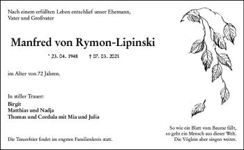 Traueranzeige von Manfred von Rymon-Lipinski von vrm-trauer