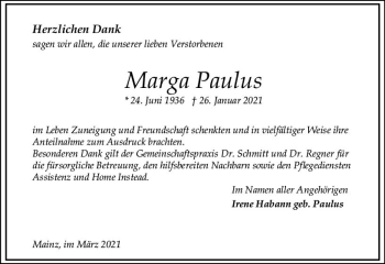 Traueranzeige von Marga Paulus von vrm-trauer