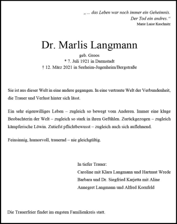 Traueranzeige von Marlis Langmann von vrm-trauer