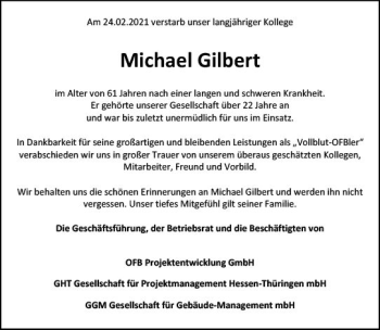 Traueranzeige von Michael Gilbert von vrm-trauer