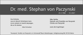 Traueranzeige von Stephan von Paczynski von vrm-trauer