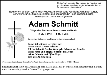 Traueranzeige von Adam Schmitt von vrm-trauer