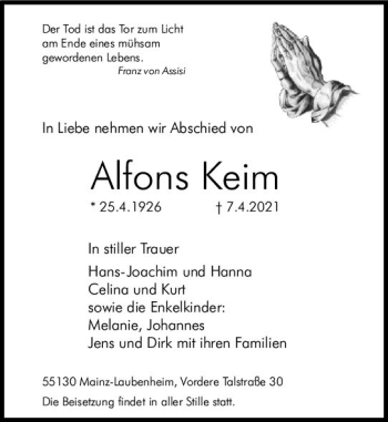 Traueranzeige von Alfons Keim von vrm-trauer