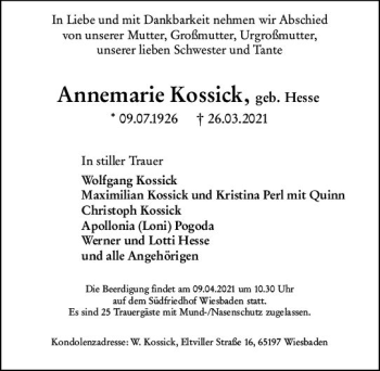 Traueranzeige von Annemarie Kossick von vrm-trauer