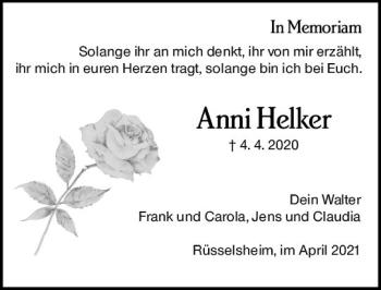 Traueranzeige von Anni Helker von vrm-trauer