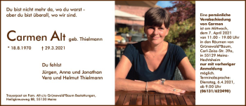 Traueranzeige von Carmen Alt von vrm-trauer