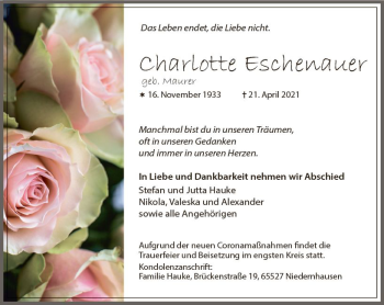 Traueranzeige von Charlotte Eschenauer von vrm-trauer