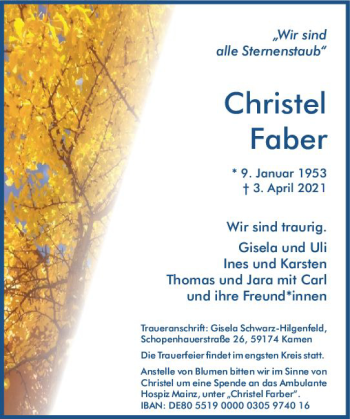 Traueranzeige von Christel Faber von vrm-trauer