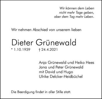 Traueranzeige von Dieter Grünewald von vrm-trauer
