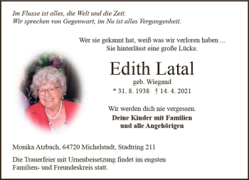 Traueranzeige von Edith Latal von vrm-trauer