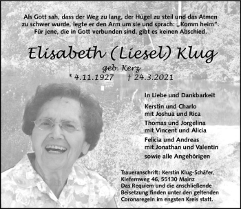 Traueranzeige von Elisabeth Klug von vrm-trauer