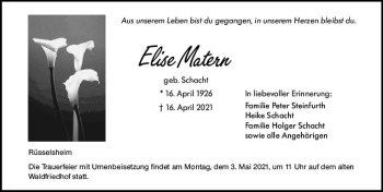 Traueranzeige von Elise Matern von vrm-trauer