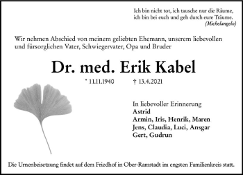 Traueranzeige von Erik Kabel von vrm-trauer