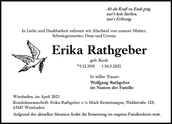 Traueranzeige von Erika Rathgeber von vrm-trauer
