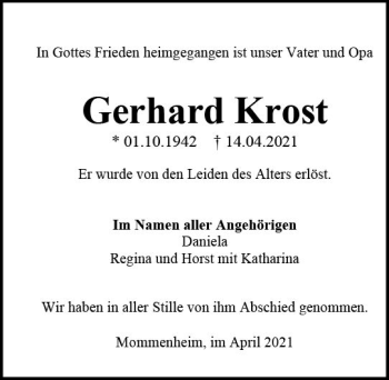 Traueranzeige von Gerhard Krost von vrm-trauer
