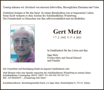 Traueranzeige von Gert Metz von vrm-trauer