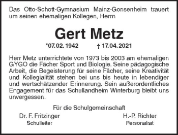 Traueranzeige von Gert Metz von vrm-trauer