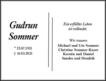 Traueranzeige von Gudrun Sommer von vrm-trauer