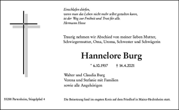 Traueranzeige von Hannelore Burg von vrm-trauer