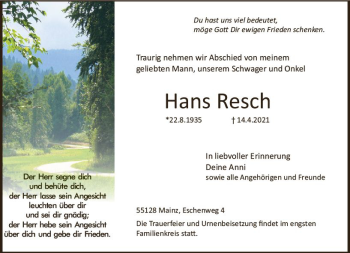Traueranzeige von Hans Resch von vrm-trauer