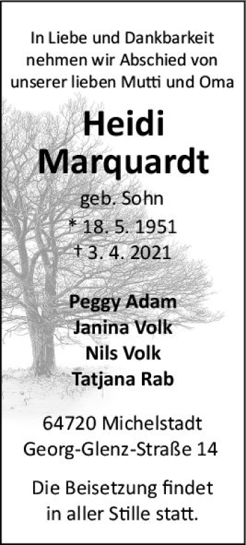 Traueranzeige von Heidi Marquart von vrm-trauer