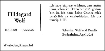 Traueranzeige von Hildegard Wolf von vrm-trauer