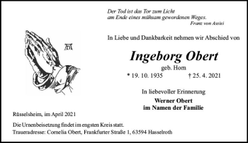 Traueranzeige von Ingeborg Obert von vrm-trauer