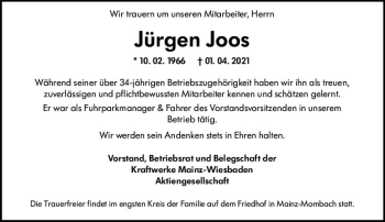 Traueranzeige von Jürgen Joos von vrm-trauer