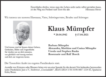 Traueranzeige von Klaus Mümpfer von vrm-trauer