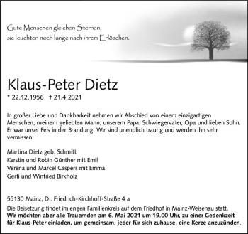 Traueranzeige von Klaus-Peter Dietz von vrm-trauer
