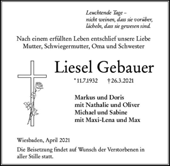 Traueranzeige von Liesel Gebauer von vrm-trauer