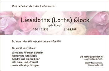 Traueranzeige von Lieselotte Glock von vrm-trauer