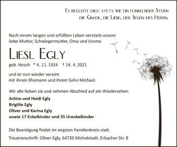 Traueranzeige von Liesl Egly von vrm-trauer
