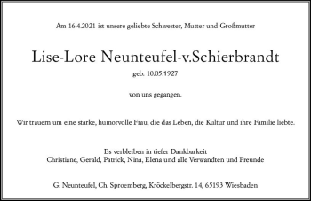 Traueranzeige von Lise-Lore Neunteufel-v.Schierbrandt von vrm-trauer