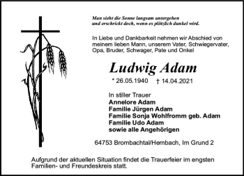 Traueranzeige von Ludwig Adam von vrm-trauer
