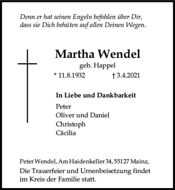 Traueranzeige von Martha Wendel von vrm-trauer