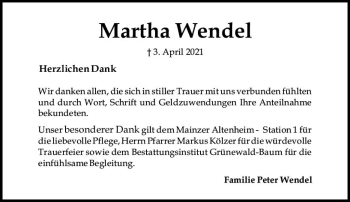 Traueranzeige von Martha Wendel von vrm-trauer
